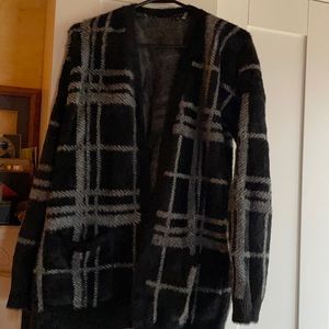 1. State black and grey plaid, cozy cardigan